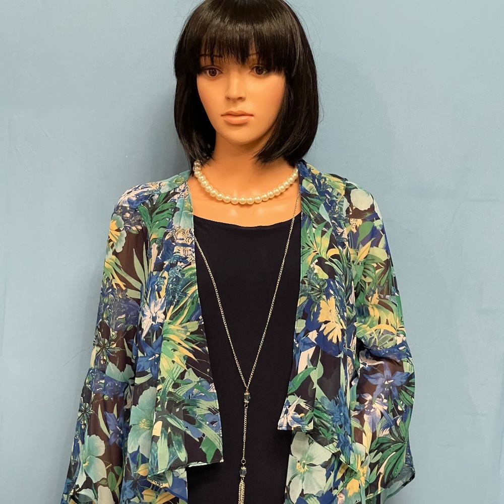 TIANA B Navy Blue Sleeveless Dress with Tropical Jacket‎